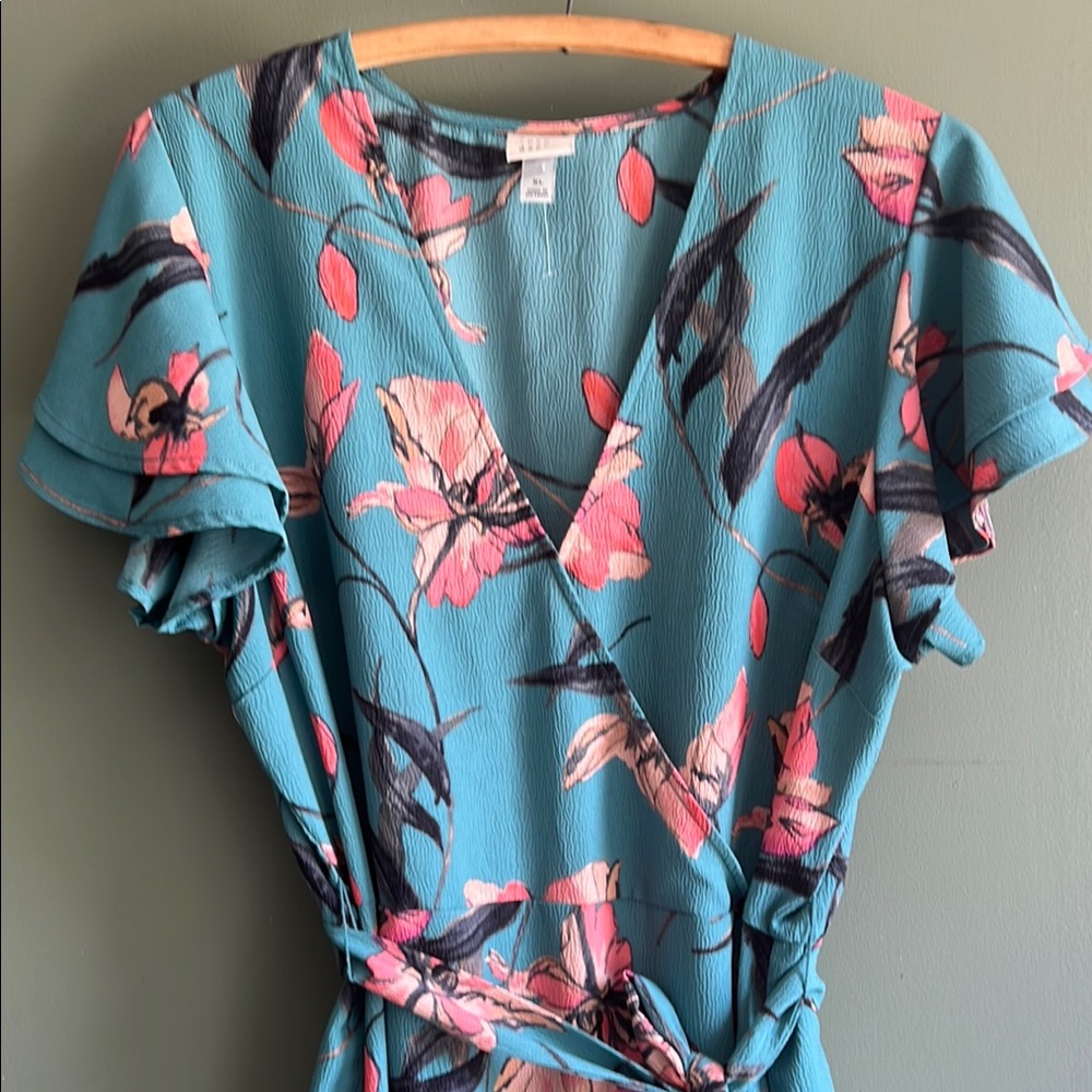 A New Day light Teal Pink Floral dress  Flutter Sleeve